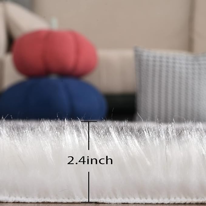 ORINOVA White and Grey Faux Shaggy Fur Rug for Living Room Plush Washable Sheepskin Fur Area Rugs 3x5 Nursery Rug