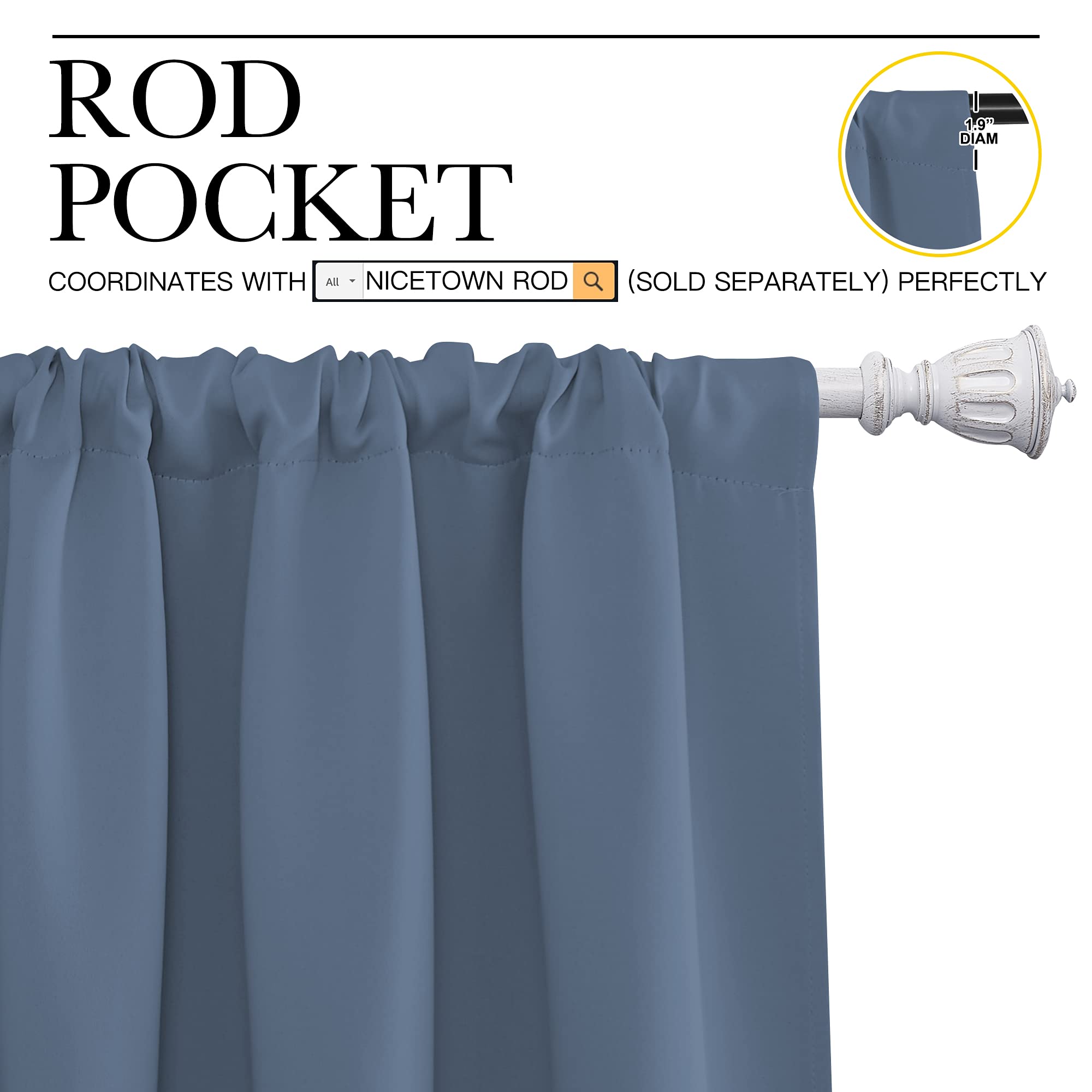 NICETOWN Blackout Curtains Window Draperies - Window Treatment Thermal Insulated Solid Room Darkening Drapes for Bedroom (Stone Blue, Set of 2 Panels, 34 by 84 inches Long)