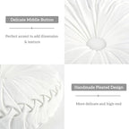 HIG Set of 2 Decorative Round Pleated Throw Pillows, Classy Accent Pumpkin Throw Pillows with Center Button, Vintage Velvet Floor Pillows for Sofa Vanity Chair Bed, White, 14.5" Diameter(Ripple)