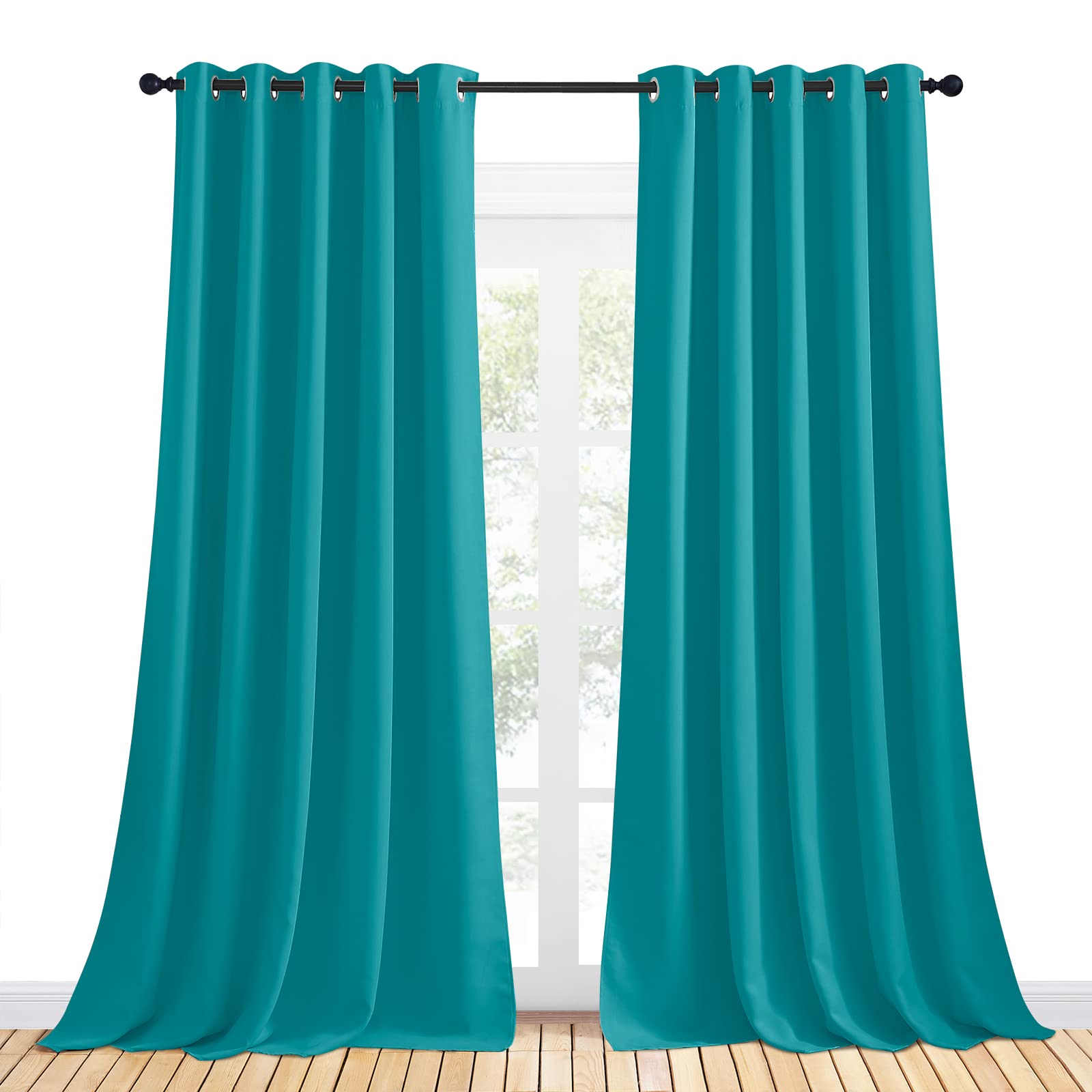 NICETOWN Thermal Insulated Peacock Teal Curtains for Living Room, Window Treatment Solid Grommet Room Darkening Drape Panels for Bedroom (Set of 2, 70 by 95 inches Long)