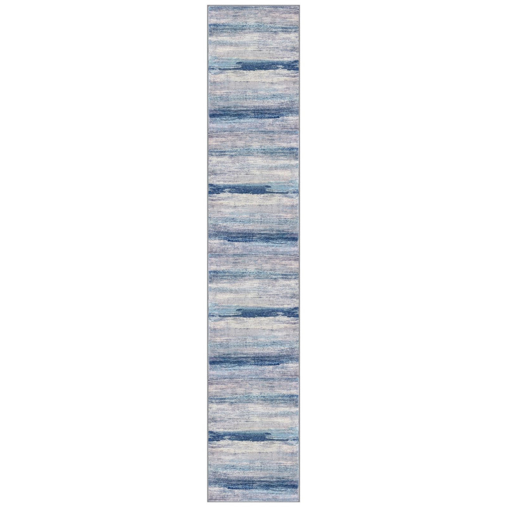 KOZYFLY Modern Abstract Washable Rug Runner 2.6x14 Hallway Rug Runner Non-Slip Soft Kitchen Runner Rugs, Blue/Grey/Beige Striped Carpet for Entryway Bathroom Laundry Room Foyer