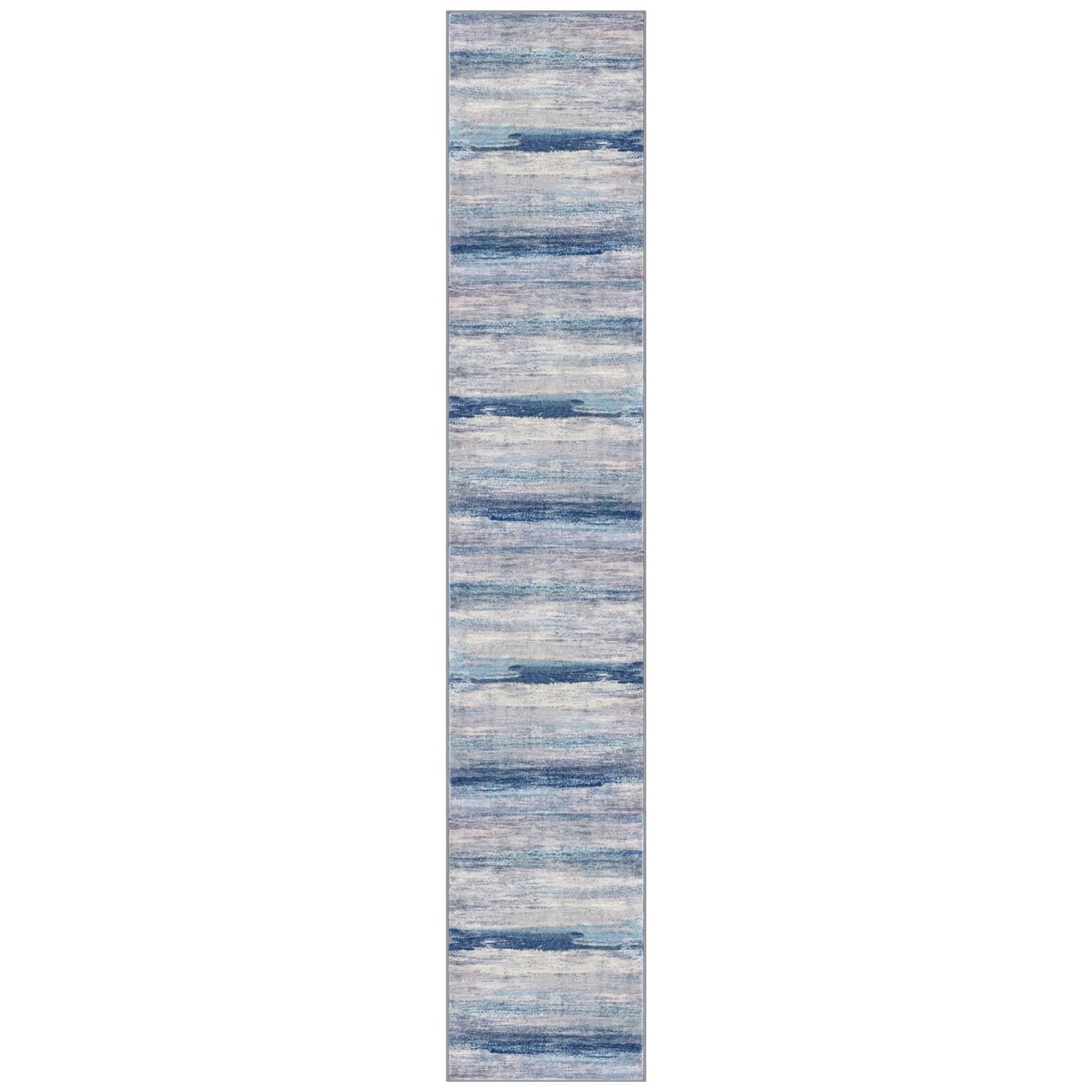 KOZYFLY Modern Abstract Washable Rug Runner 2.6x14 Hallway Rug Runner Non-Slip Soft Kitchen Runner Rugs, Blue/Grey/Beige Striped Carpet for Entryway Bathroom Laundry Room Foyer