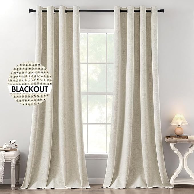 MIULEE 100% Blackout Linen Curtains for Bedroom 52x120 Inches Cream
