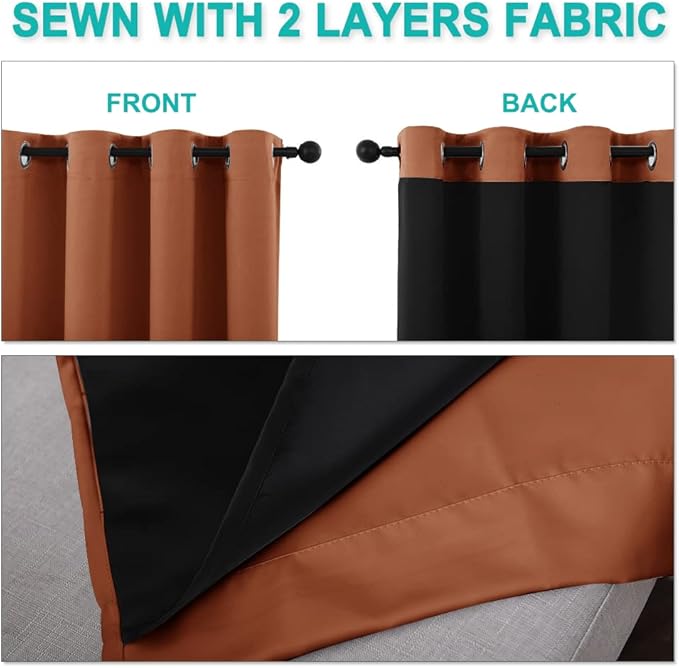 NICETOWN Burnt Orange 100% Blackout Lined Curtains, 2 Thick Layers Completely Blackout Window Treatment Thermal Insulated Drapes for Kitchen/Bedroom (1 Pair, 55-inch Width x 68-inch Length per Panel)
