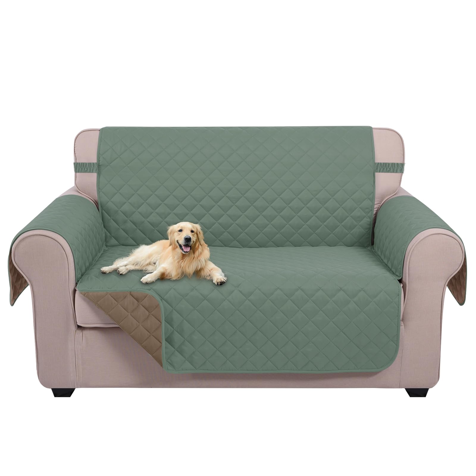 U-NICE HOME Loveseat Sofa Cover for 2 Cushion Couch, Greyish Green/Taupe