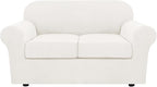 H.VERSAILTEX 3 Piece Stretch Sofa Covers for 2 Cushion Loveseat Couch Covers for Living Room Sofa (Base Cover Plus 2 Seat Cushion Covers) Thicker Jacquard Fabric (Medium Sofa, Porcelain White)