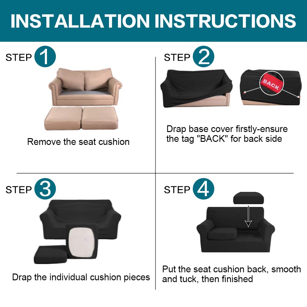 Turquoize 3 Piece Sofa Covers for 2 Cushion Couch Sofa Slipcover Soft Couch Cover for Dogs-Washable Sofa Furniture Covers with 2 Individual Cushion Covers, Feature Jacquard Fabric (Loveseat, Black)