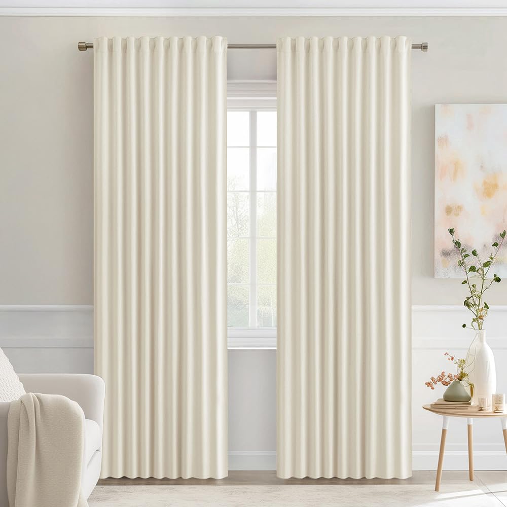 MIULEE Beige White Back Tab Blackout Curtains 52x72 Inches Long 2 Panel Set