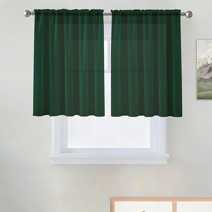 SpaceDresser Basic Rod Pocket Sheer Voile Window Curtain Panels Foliage Green 1 Pair 2 Panels 52 Width 36 Inch Long for Kitchen Bedroom Children Living Room Yard（Foliage Green, 52W x 36L）