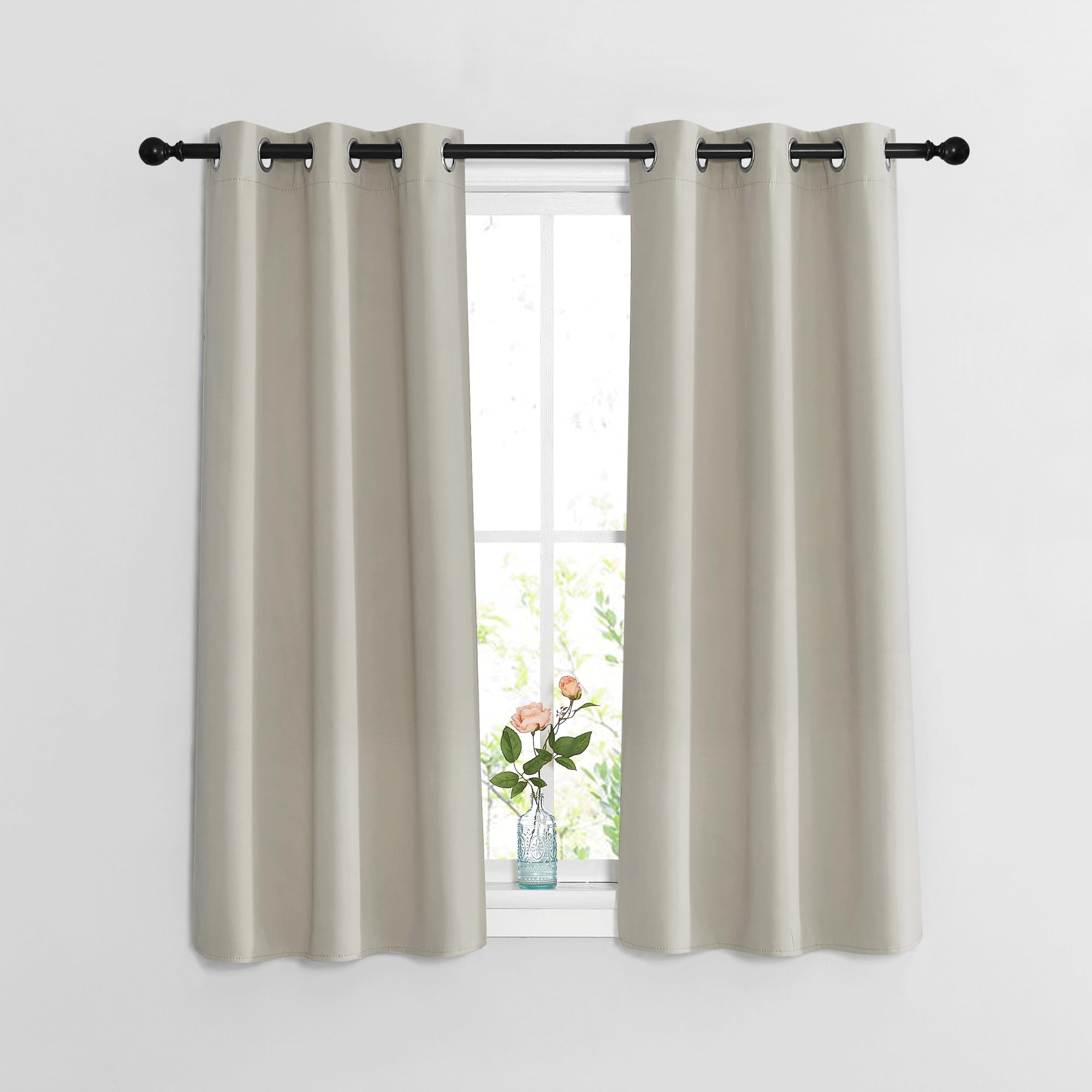 NICETOWN Blackout Bedroom Curtains 48 inches Long - Window Treatment Thermal Insulated Solid Grommet Room Darkening Privacy Sound Reducing for Kitchen (Natural, Set of 2, W37 x L48)