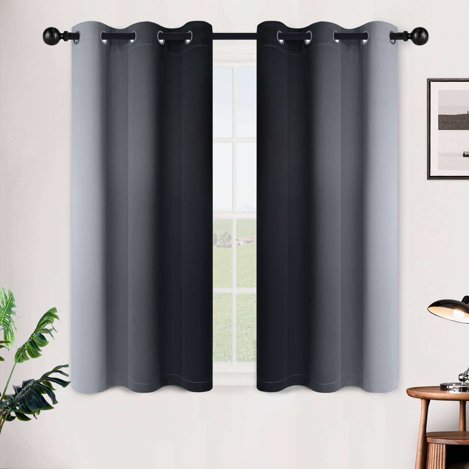SimpleHome Ombre Black to Grey White Curtains for Living Room 42Wx45L
