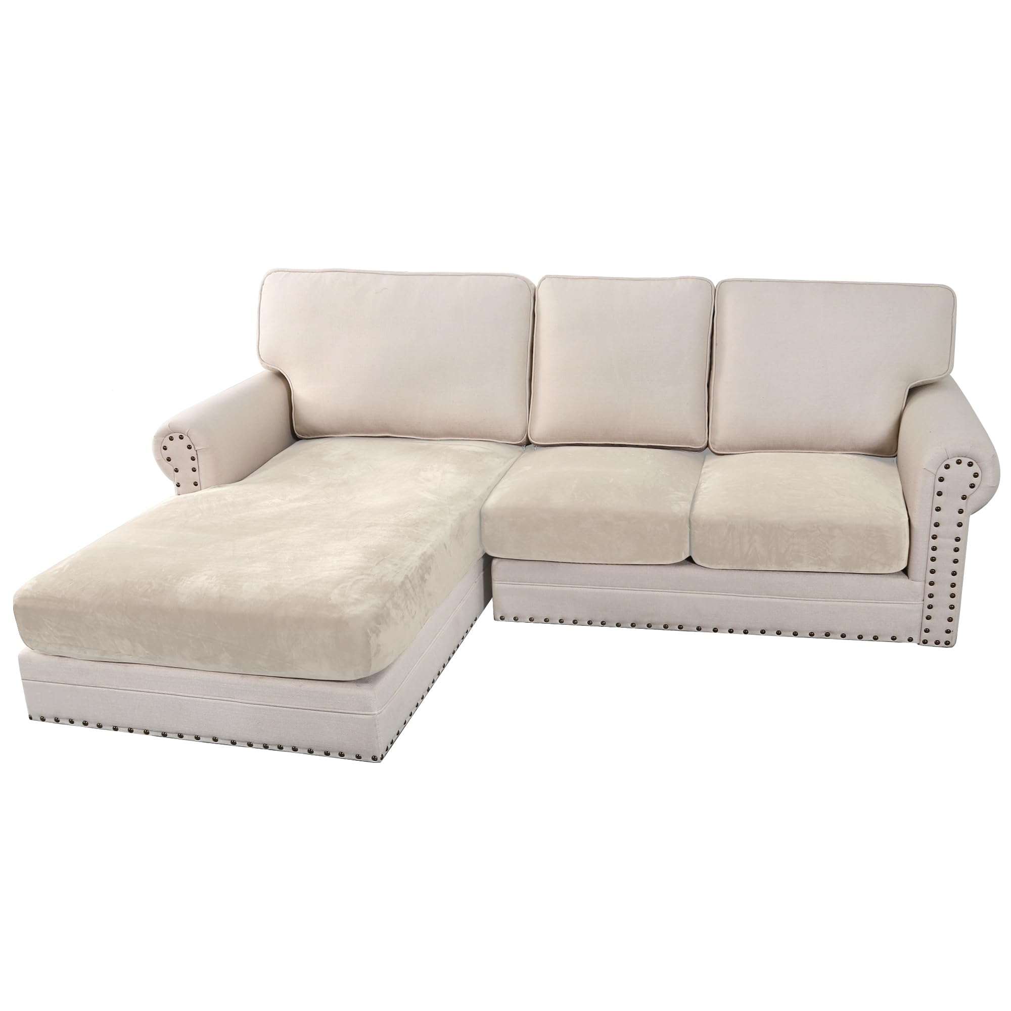 H.VERSAILTEX Velvet Stretch Sectional Couch Covers 3 Pieces Sofa Seat Cushion Covers L Shape Separate Cushion Couch Cover for Both Left/Right Sectional Couch (Large Sofa 2 Seater + 1 Chaise, Ivory)