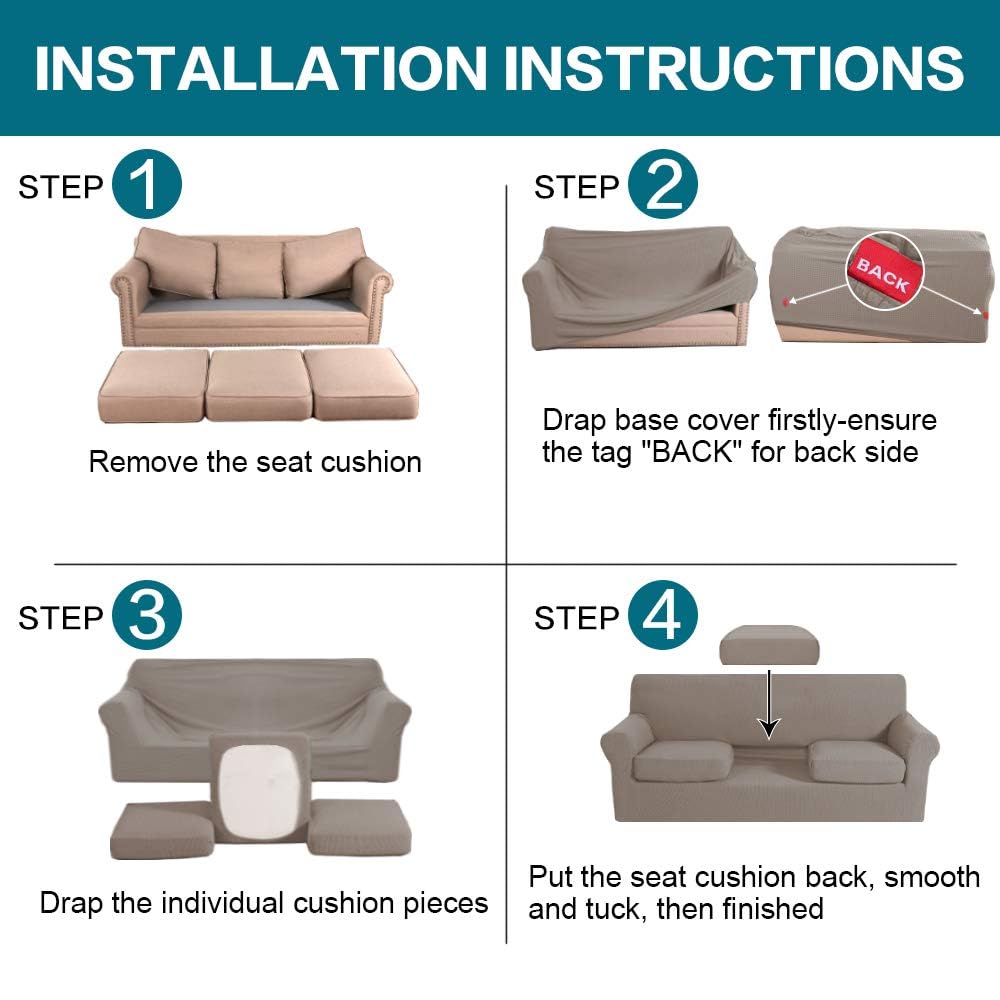 Turquoize 4 Piece Couch Covers for 3 Cushion Couch Sofa Pet Friendly Stretch Couch Cover for Dogs Washable Sofa Covers with Individual Couch Cushion Covers, Jacquard Fabric (3 Cushion Sofa, Taupe)