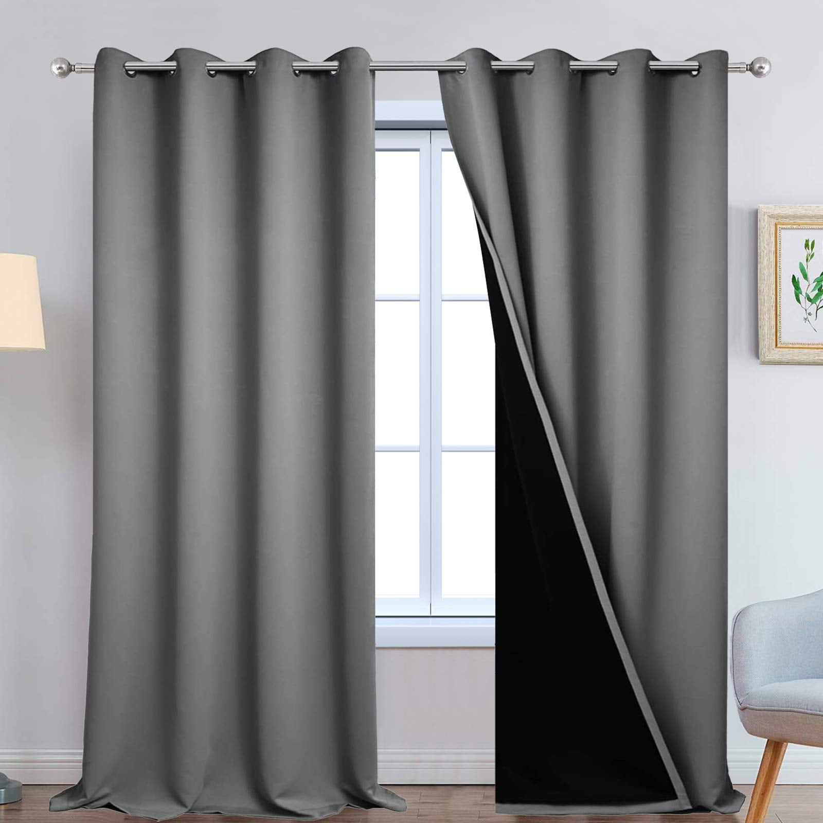 Yakamok Grey Blackout Curtains 108 Inches Long for Bedroom 52" Wide 2 Pcs