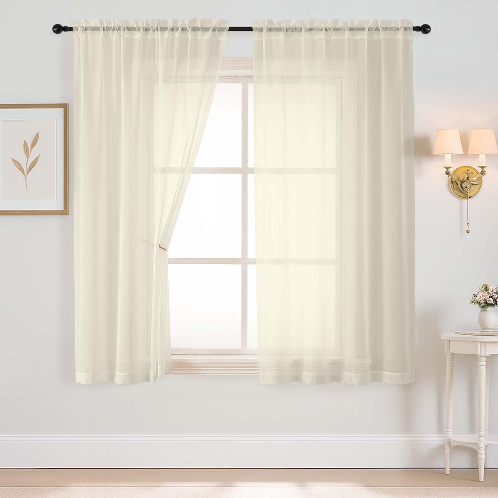 Ebesto Cream Sheer Curtains 63 Inch Length 2 Panels, Voile Sheer Curtain for Living Room, Breathable Light Filtering Modern Window Treatments, Soft Fabric Dual Rod Pocket Drapes, 2x42Wx63L Inches