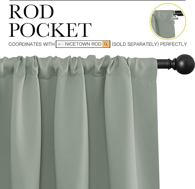 NICETOWN Window Curtains Blackout Drapes - Thermal Insulated Solid Rod Pocket Blackout Curtains/Draperies for Living Room (Sage Green, One Pair, 29 by 20-Inch)