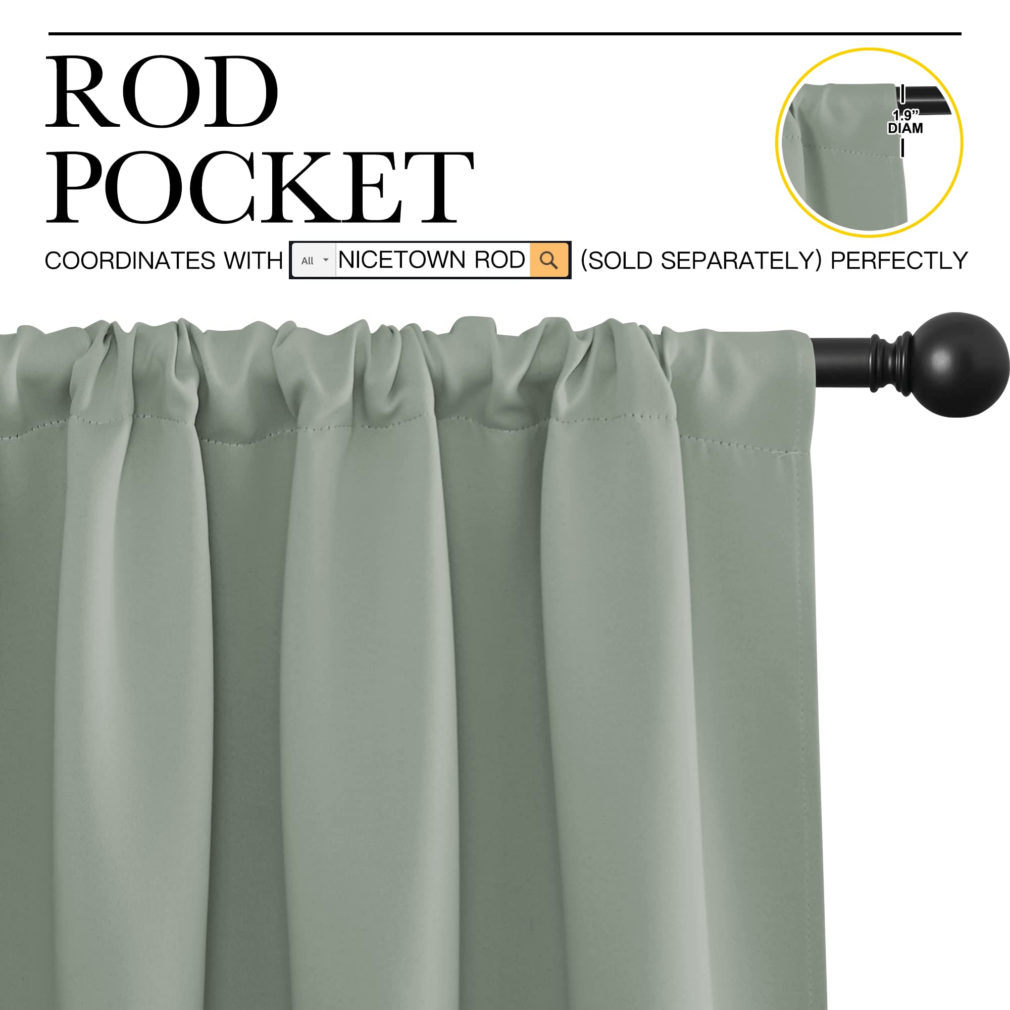 NICETOWN Blackout Curtains for Bedroom, Blackout Curtain Panels, Greyish Green, 1 Pair, 70 by 63-inch, Window Treatment Energy Saving Thermal Insulated Solid Rod Pocket Blackout Drapes/Draperies