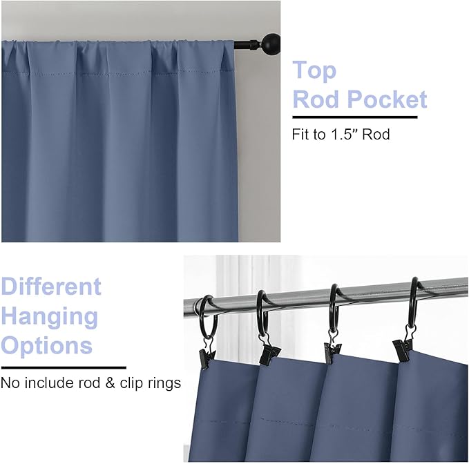 Simplebrand Ava Denim Blue Blackout Curtains for Bedroom, 72 Inch Length, 2 Panels, Privacy Thermal Insulated Rod Pocket Curtains for Patio, French Door, W40 x L72 Inch