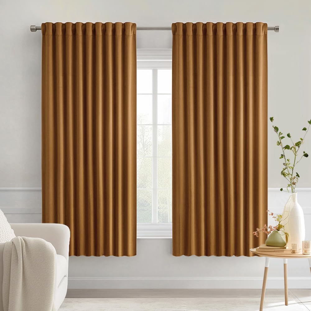 MIULEE Golden Brown Back Tab Blackout Curtains 52x63 Inches Long 2 Panels