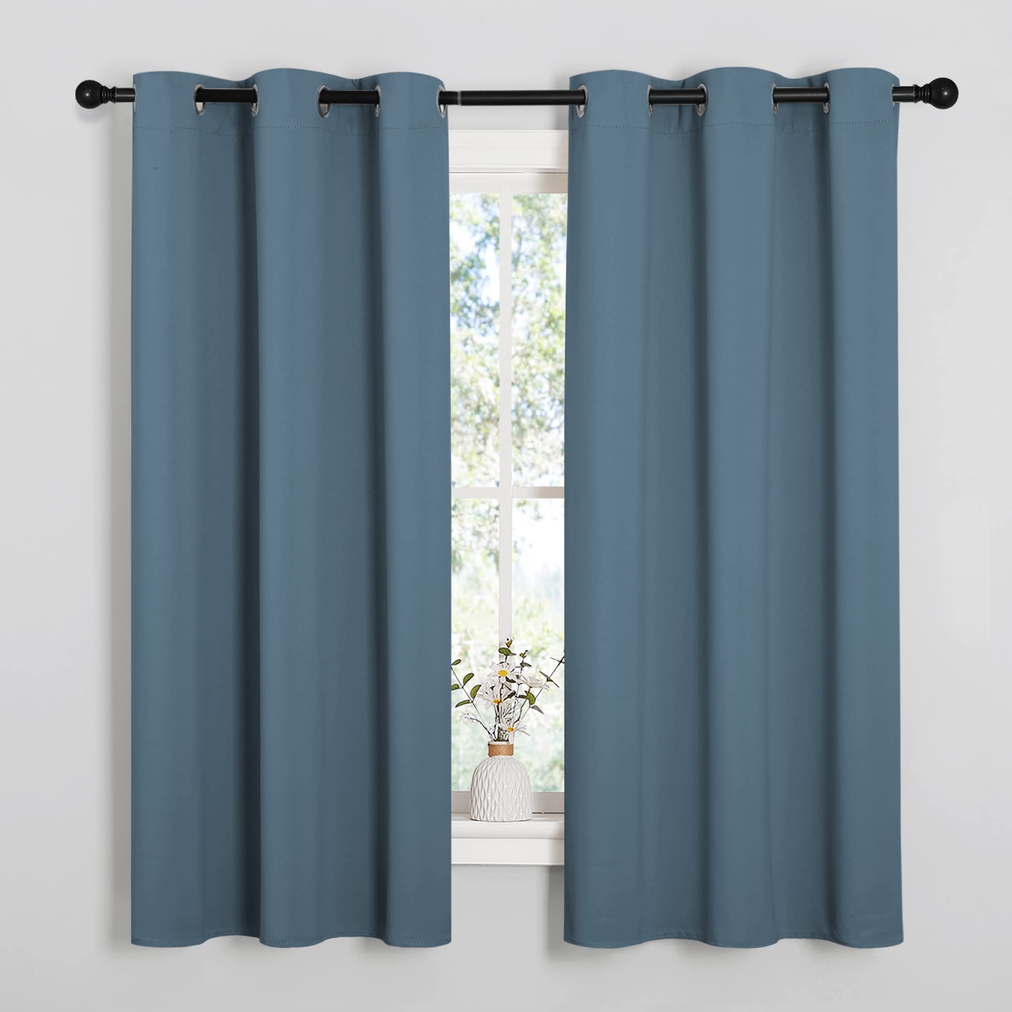 NICETOWN Smoky Blue Blackout Curtains 63 inches Length for Kitchen, 2 Panels, 34" Wide, Thermal Insulated Decoration Drapes for Small Window
