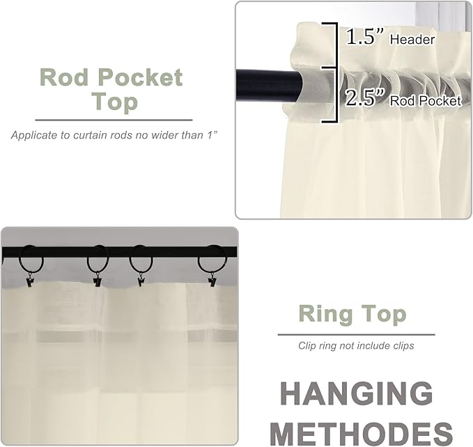 OWENIE Sheer Cream Curtains, Sheer Curtains 63 inch Length 2 Panels Set, Rod Pocket Voile Fimly Sheer Drapes for Living Room Bedroom, 2pcs, Cream, Each 59" W x 63" L