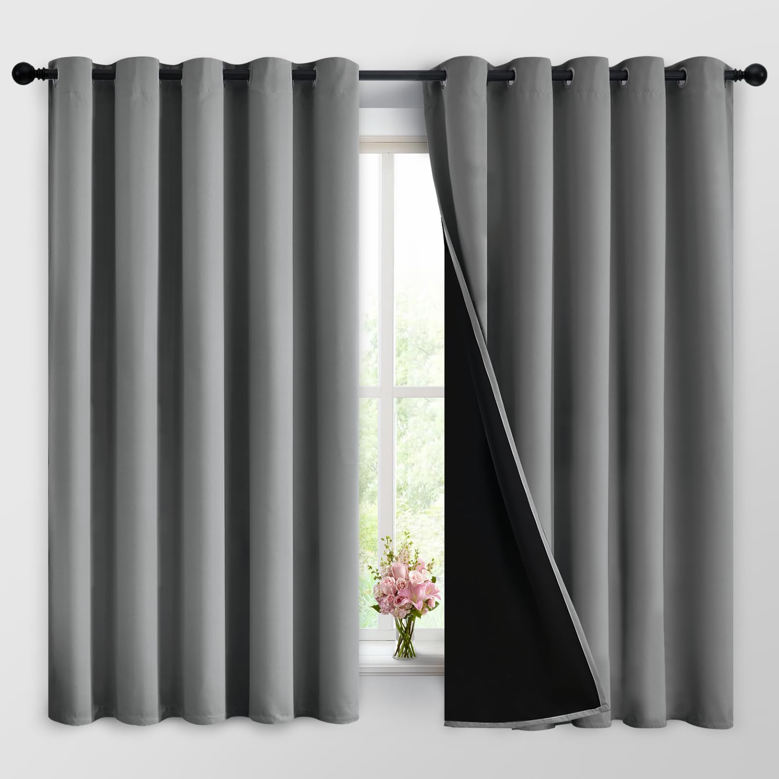 Yakamok Grey Blackout Curtains 63 Inches Long for Bedroom 62" Wide 2 Pcs