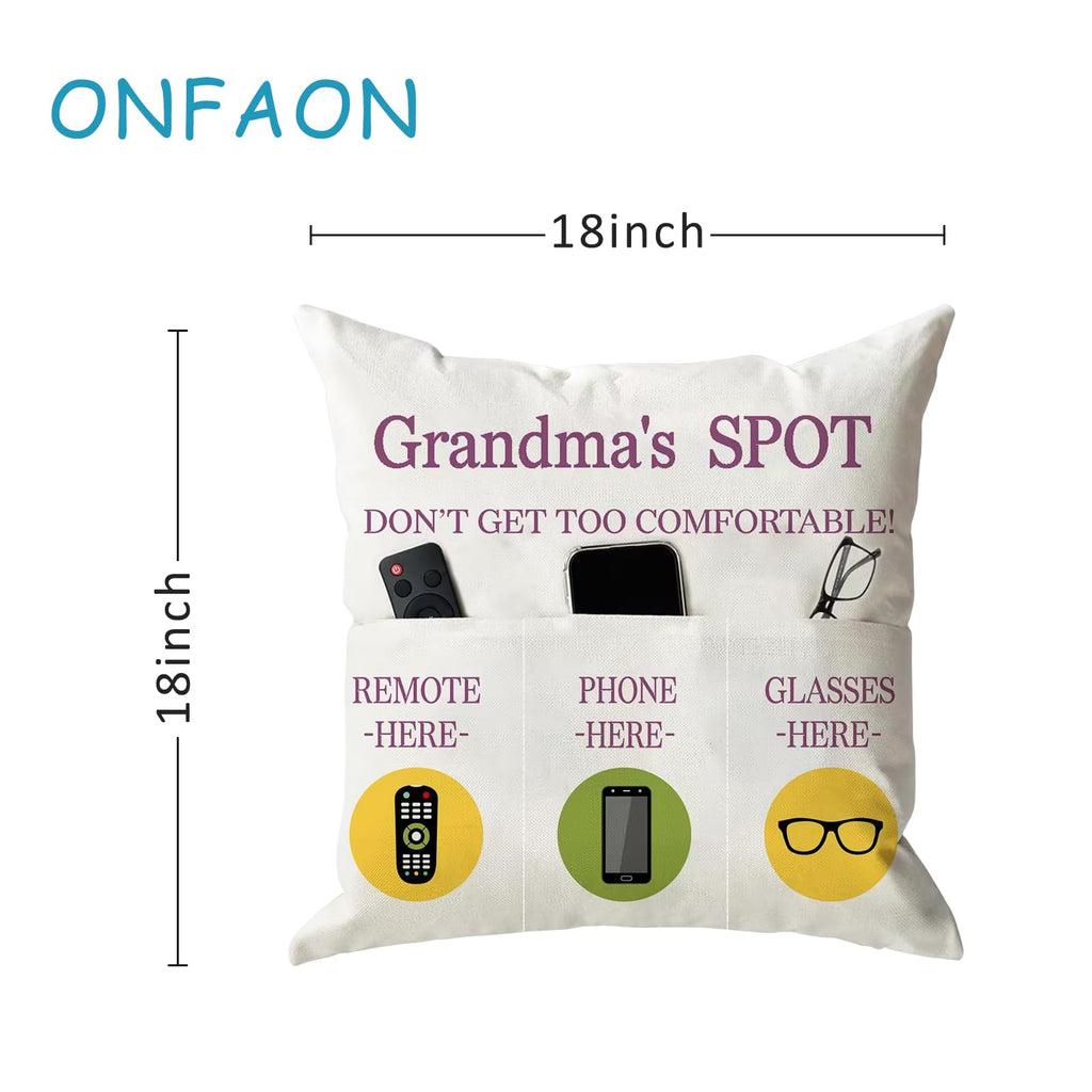 ONFAON Grandma Gifts, Grandma's Spot Throw Pillow Covers 18x18 Inch,Put Phone Glasses and Remote Control Pillowcase,Birthday Christmas Thanksgiving Day Gifts for Grandma Mom,3-Pocket