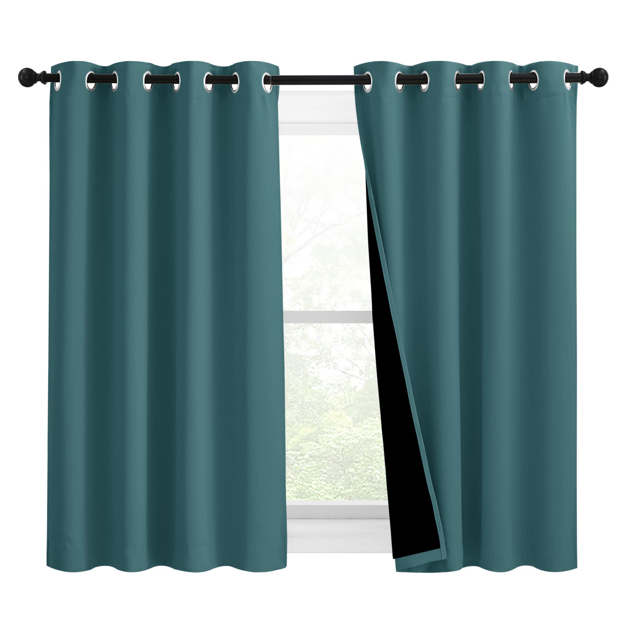 NICETOWN 100% Blackout Curtains with Black Liners, Thermal Insulated 2-Layer Lined Drapes, Room Warming Small Window Draperies for Dining Room (Sea Teal, 2 Panels, 46 inches W by 54 inches L)