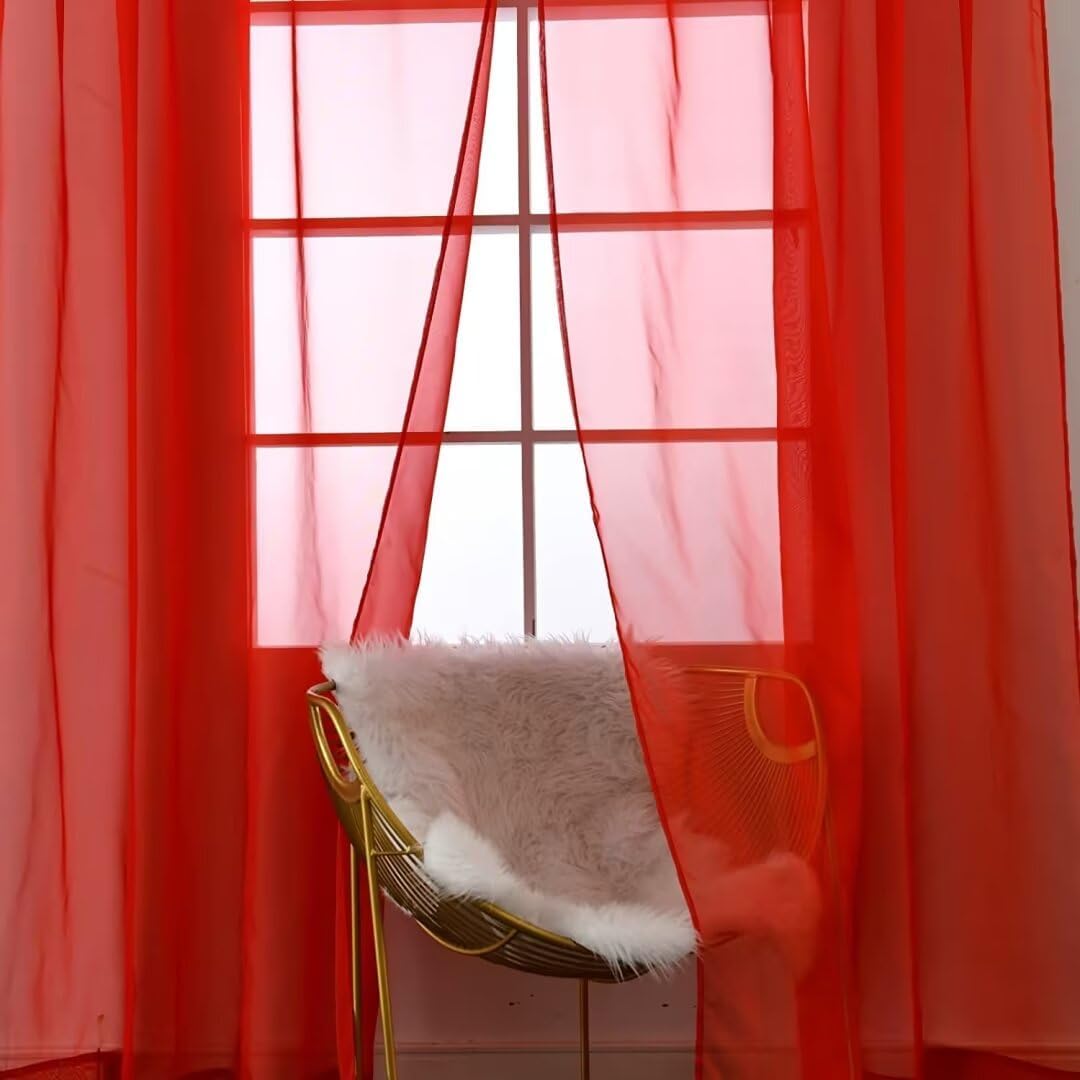 SpaceDresser Sheer Red Curtains 4 Panels Rod Pocket Semi-Sheer Curtain 54 Inches Long Light Filtering Voile Window Drapes for Bedroom Living Room Kitchen, Each 52W x 54L
