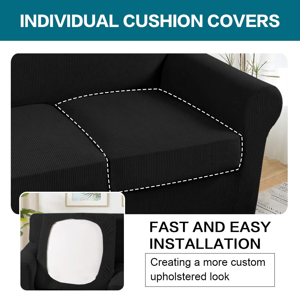Turquoize 3 Piece Sofa Covers for 2 Cushion Couch Sofa Slipcover Soft Couch Cover for Dogs-Washable Sofa Furniture Covers with 2 Individual Cushion Covers, Feature Jacquard Fabric (Loveseat, Black)