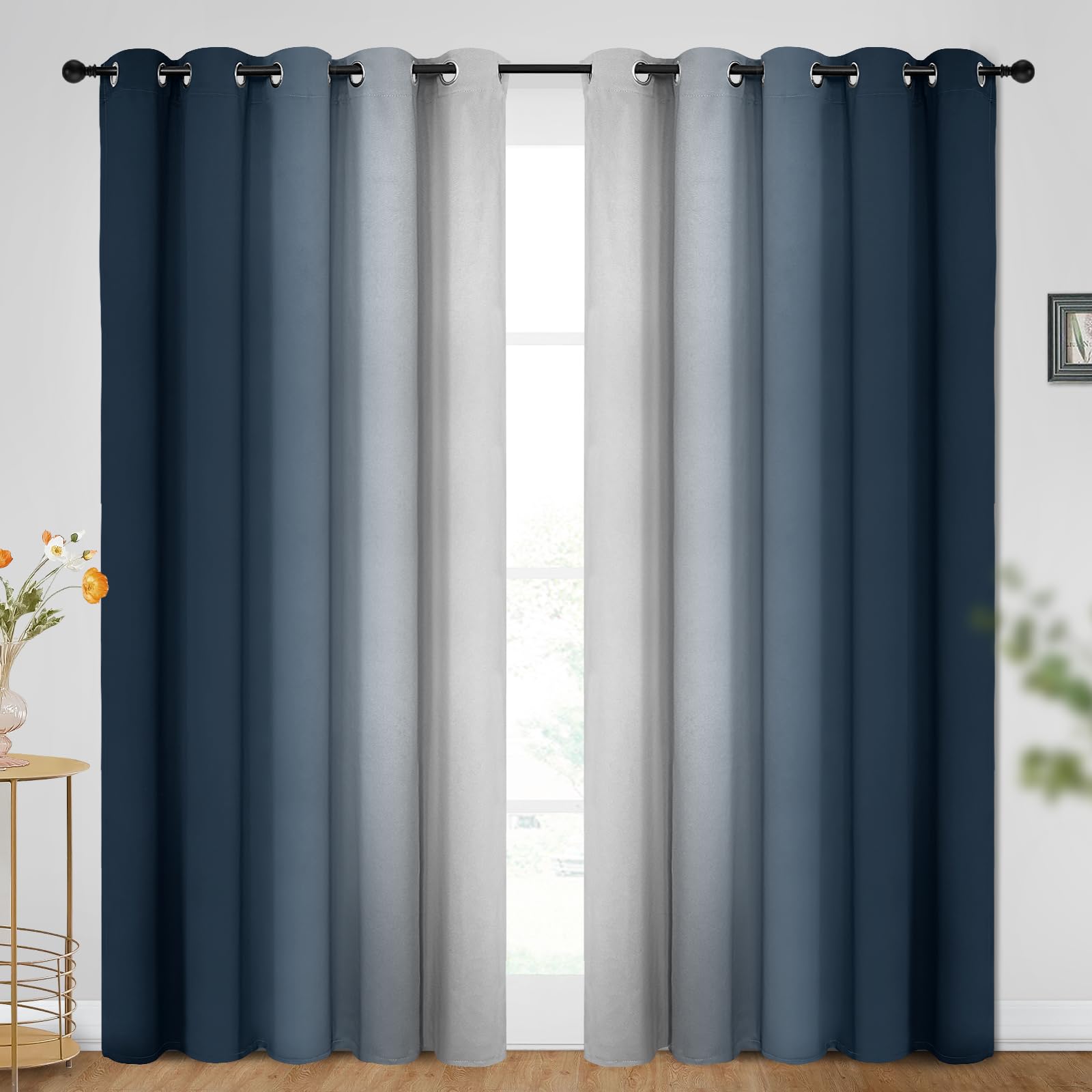 SimpleHome Ombre Navy Blue to Grey White Curtains for Living Room 70Wx84L
