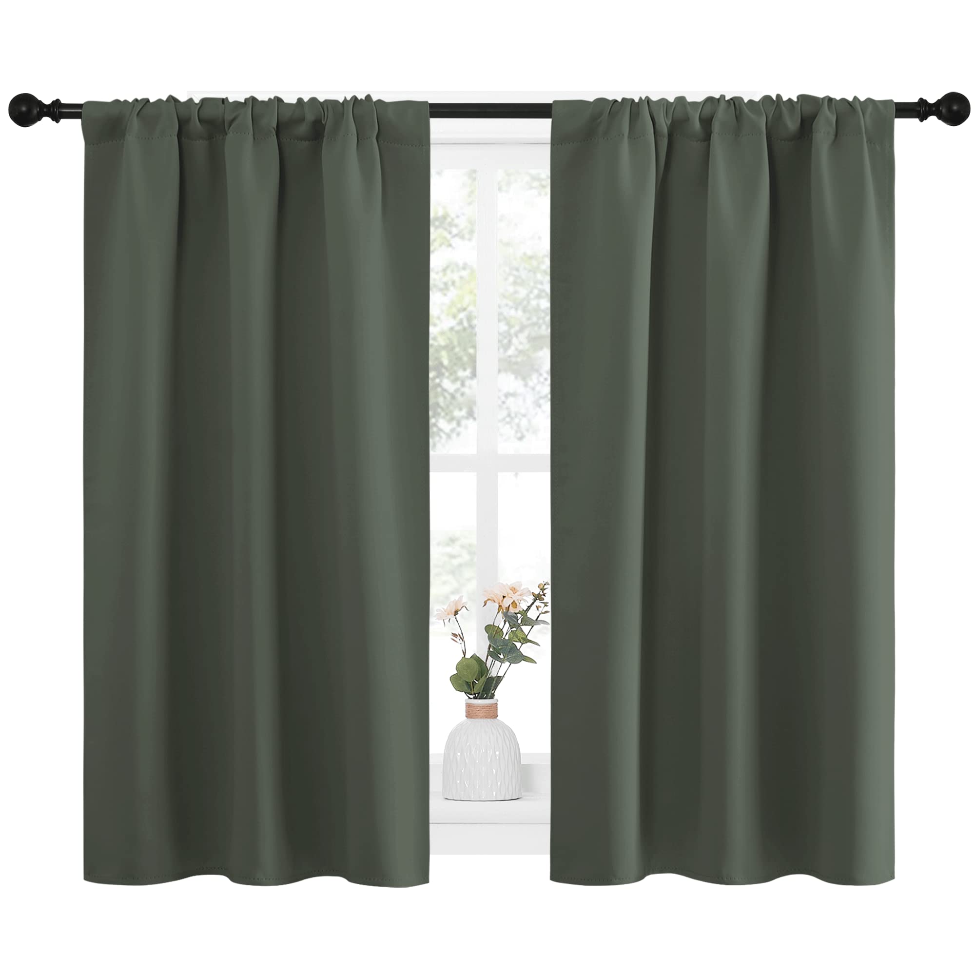 NICETOWN Bedroom Curtains Blackout Draperies - All Season Thermal Insulated Solid Rod Pocket Top Blackout Curtains/Drapes for Kid's Room (Dark Mallard, 1 Pair, 34 x 40 Inch)