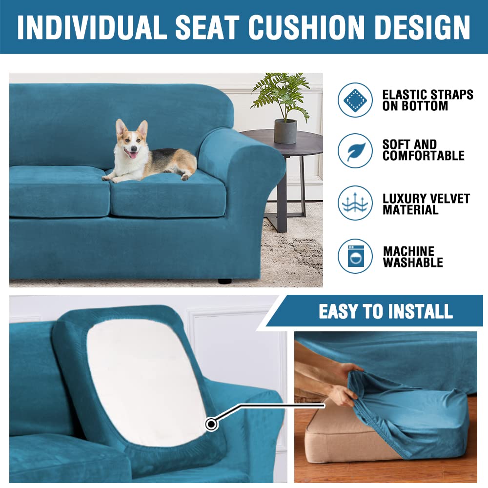 H.VERSAILTEX Velvet 4 Piece High Stretch Sofa Slipcover Cover Furniture Protector Form Fit Thick Velvet Extra Large Sofa Cover for 3 Cushion Couch Width Up to 105 Inch (XL Sofa, Peacock Blue)