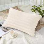 decorUhome Summer Cozy Faux Fur Throw Pillow Covers 12x20 Set of 2 Decorative Soft Plush Striped Lumbar Modern Farmhouse Boho Couch Pillow Cases with Velvet Back for Sofa Bed Living Room, Cream White