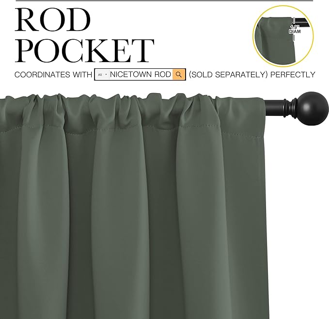 NICETOWN Bedroom Curtains Blackout Draperies - All Season Thermal Insulated Solid Rod Pocket Top Blackout Curtains/Drapes for Kid's Room (Dark Mallard, 1 Pair, 34 x 36 Inch)