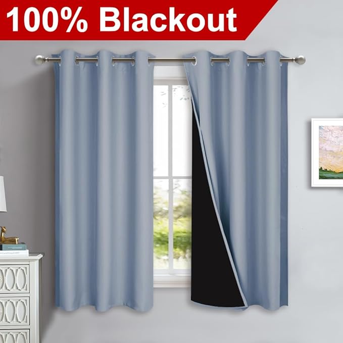 NICETOWN 100% Blackout Curtains 54 inches Long, Vintage Blue, 1 Pair, 42 inches Width Each Panel, Double-Deck Completely Blackout Window Treatment Thermal Insulated Lined Drapes for Small Window
