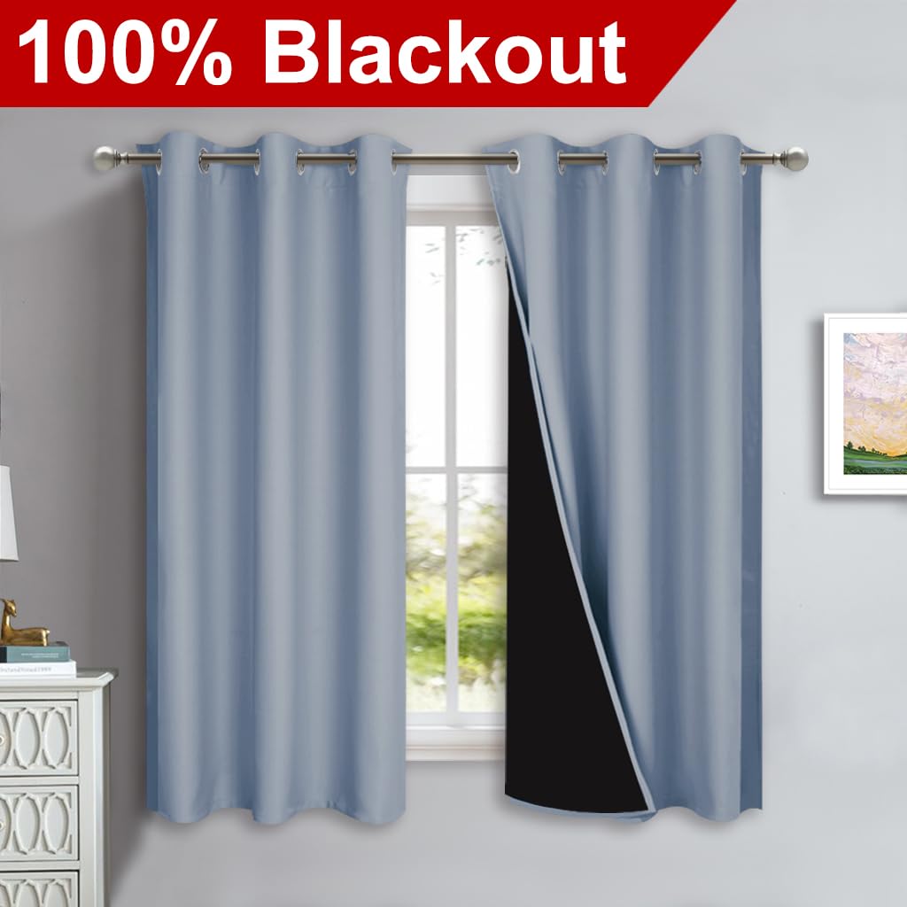 NICETOWN 100% Blackout Short Curtains with Black Liners, 2 Panels, 37" W by 50" L, Vintage Blue, Solid Thermal Insulated Full Blackout 2-Layer Lined Drapes, Energy Efficiency Window Drapes for Bedroom