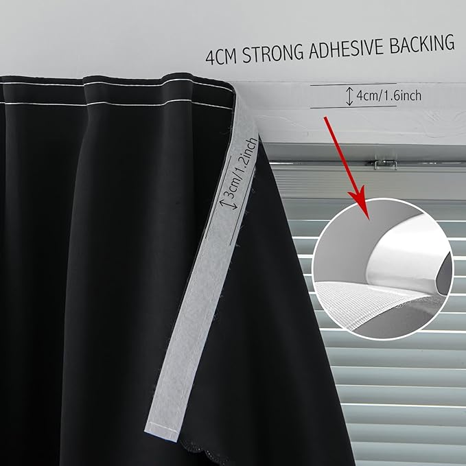 Sovtfides Adhesive Blackout Curtains- Self Stick Curtain No Rod Needed Easy to Hang Curtain, Use for Bedroom, Living Room, Dining Room, Kitchen, 59" W X 96" L, Black, 1 Panel