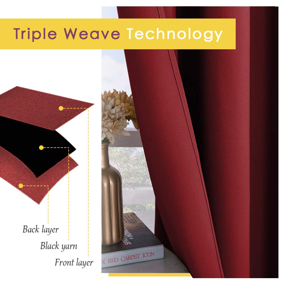 NICETOWN Blackout Curtains & Drapes for Bedroom, Burgundy Red, W34 x L48, Set of 2, Triple Weave Grommet Top Thermal Insulated Light Blocking Panels for Bathroom/Living Room