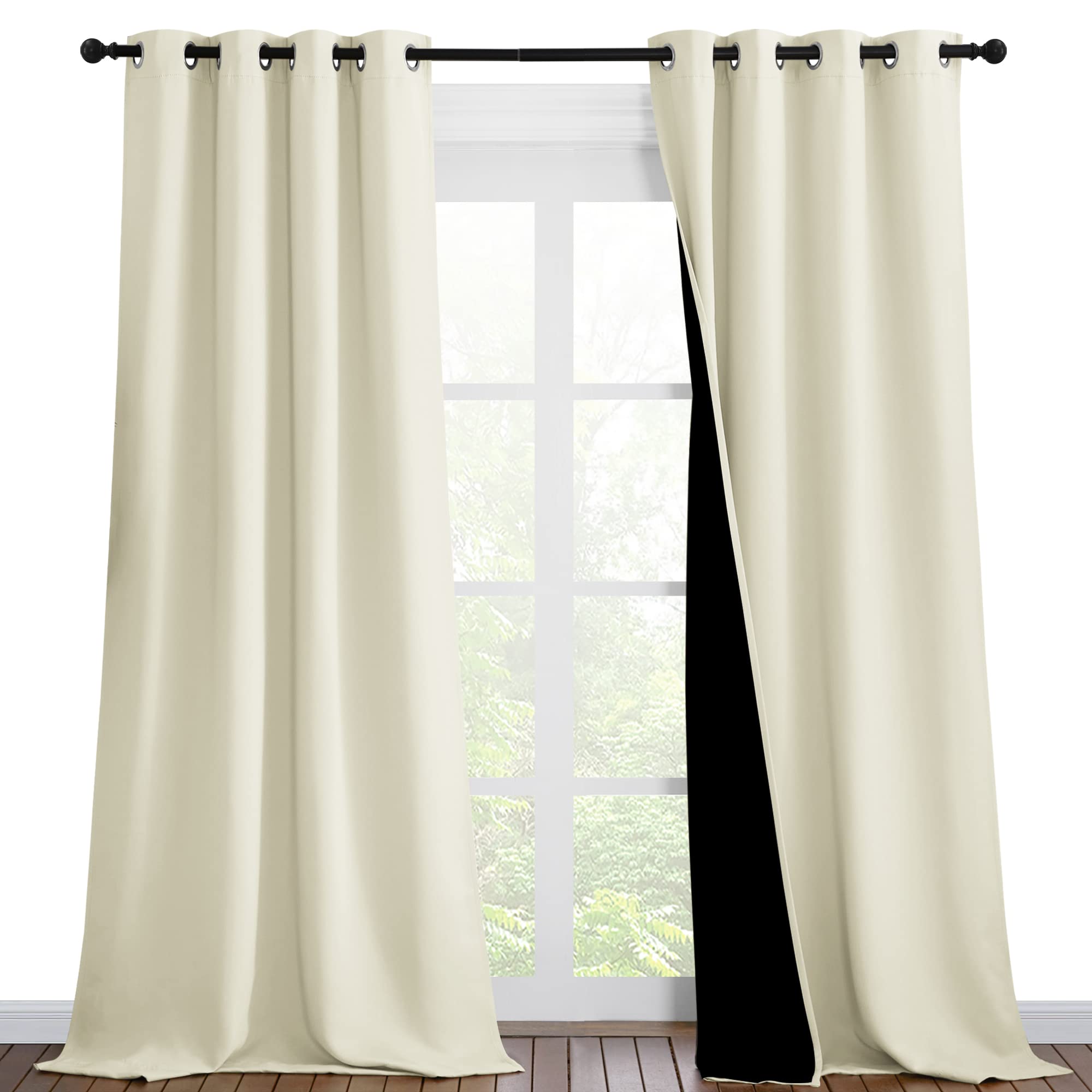 NICETOWN Thermal Insulated 100% Blackout Curtains, Noise Reducing Performance Drapes with Black Lining, Full Light Blocking Drapery Panels for Patio (Beige, 1 Pair, 46 inches x 90 inches)