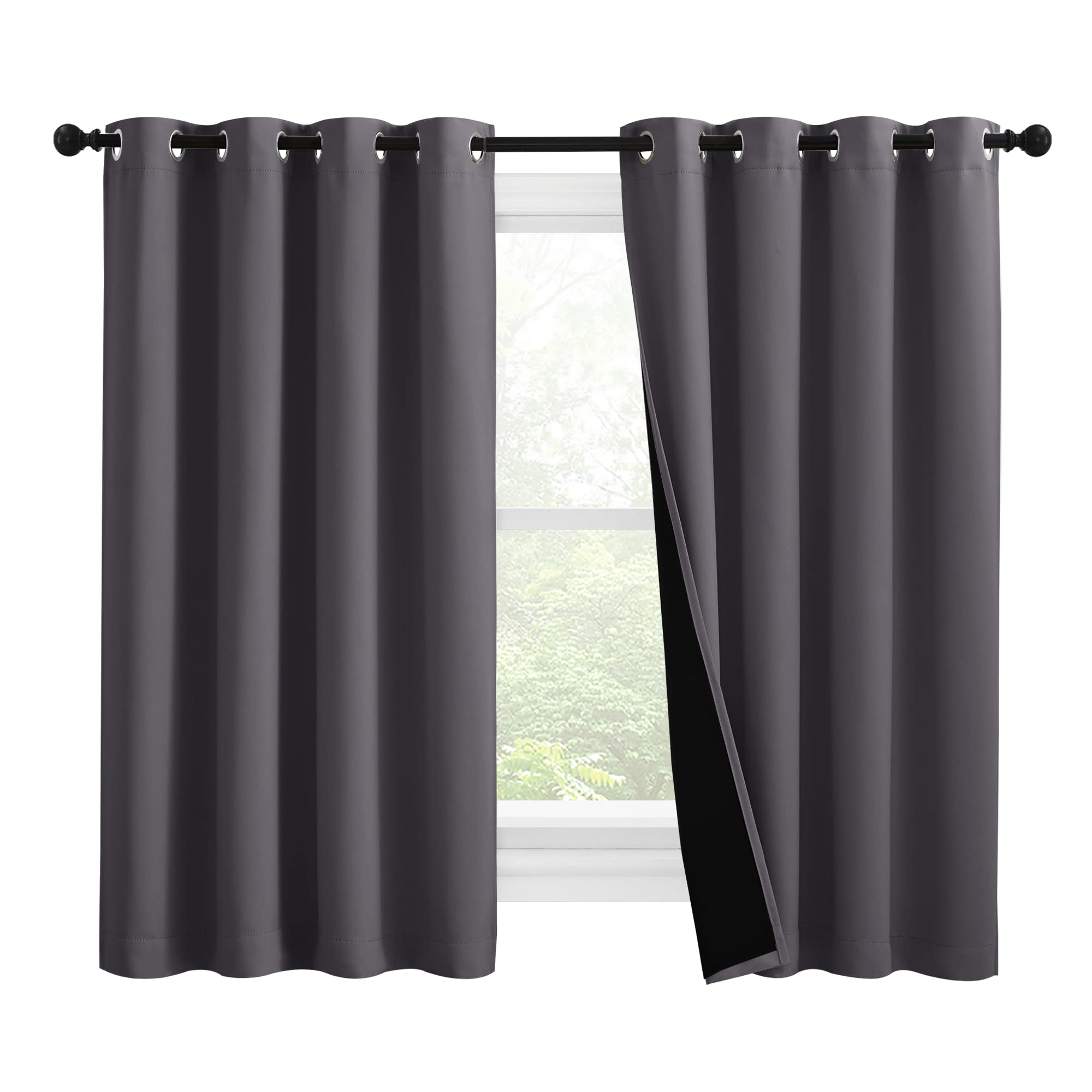 NICETOWN 100% Blackout Curtains with Black Liners, Thermal Insulated Full Blackout 2-Layer Lined Drapes, Noise Cancellation Window Draperies for Dining Room (Grey, 2 Panels, 55-inch W by 57-inch L)