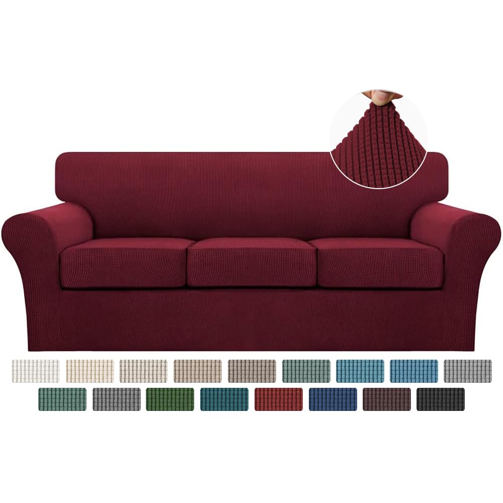 Turquoize 4 Piece Sofa Covers for 3 Cushion Couch Sofa Slipcover Soft Couch Cover for Dogs-Washable Sofa Furniture Covers with 3 Individual Cushion Covers,Jacquard Fabric(3 Cushion Sofa, Burgundy)