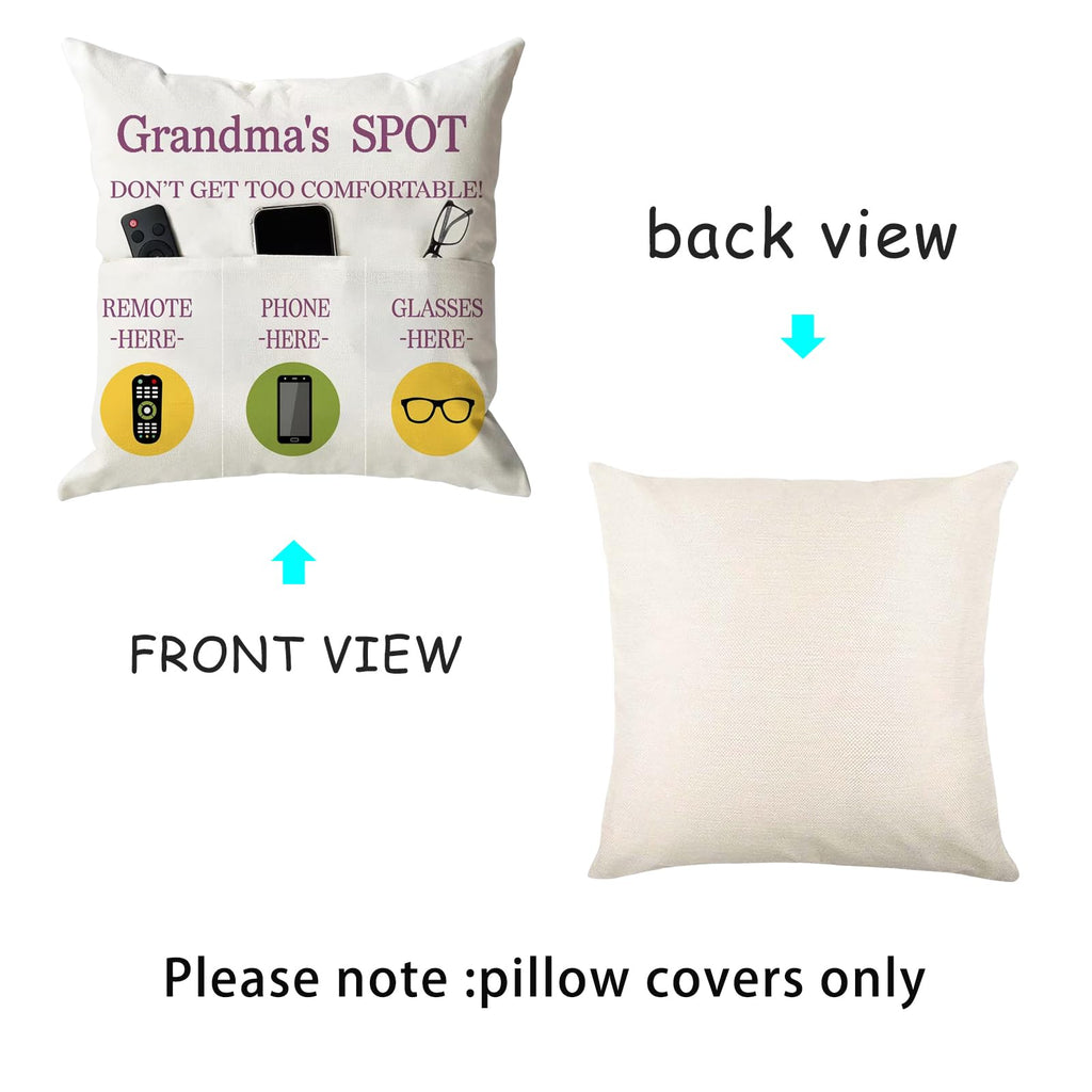 ONFAON Grandma Gifts, Grandma's Spot Throw Pillow Covers 18x18 Inch,Put Phone Glasses and Remote Control Pillowcase,Birthday Christmas Thanksgiving Day Gifts for Grandma Mom,3-Pocket