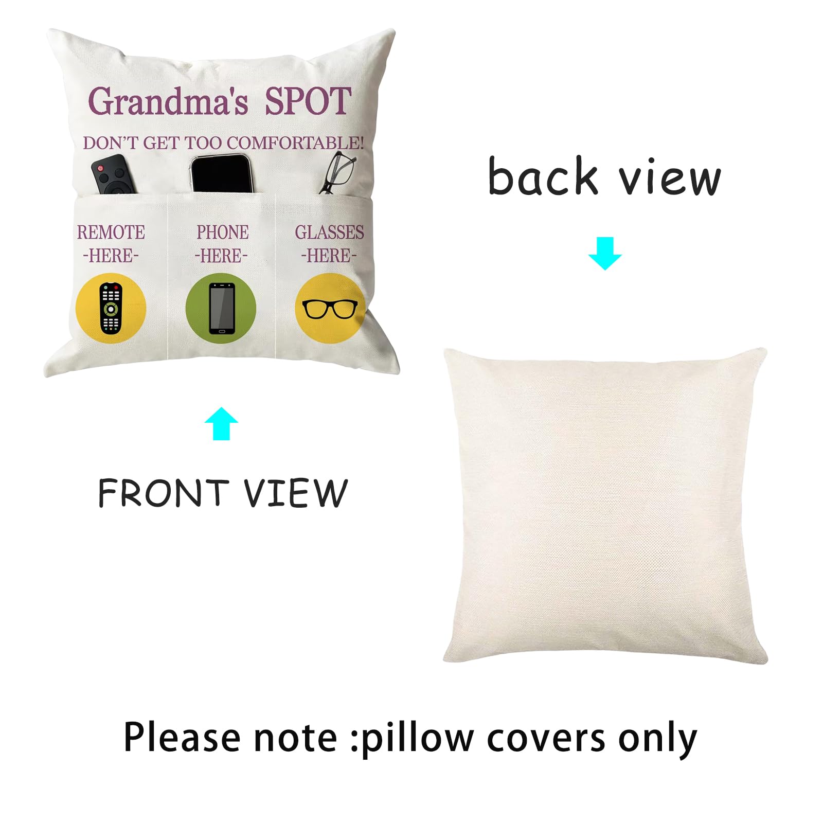 ONFAON Grandma Gifts, Grandma's Spot Throw Pillow Covers 18x18 Inch,Put Phone Glasses and Remote Control Pillowcase,Birthday Christmas Thanksgiving Day Gifts for Grandma Mom,3-Pocket