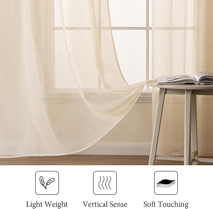 MIULEE Cream Beige Window Sheer Curtains for Bedroom Living Room Solid Elegant Net Drapes 2 Panels Width 38 x Length 45 Inches