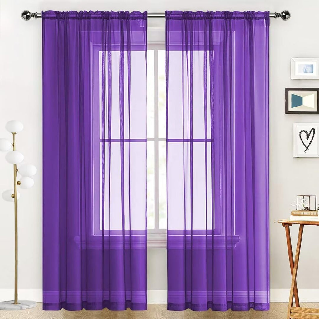 SpaceDresser Sheer Voile Window Treatment Rod Pocket Curtain Panels for Kitchen Bedroom Living Room Drapes Sunlight Filtering Privacy Semi Home Decor Assorted (Purple, 52 W x 63 L)