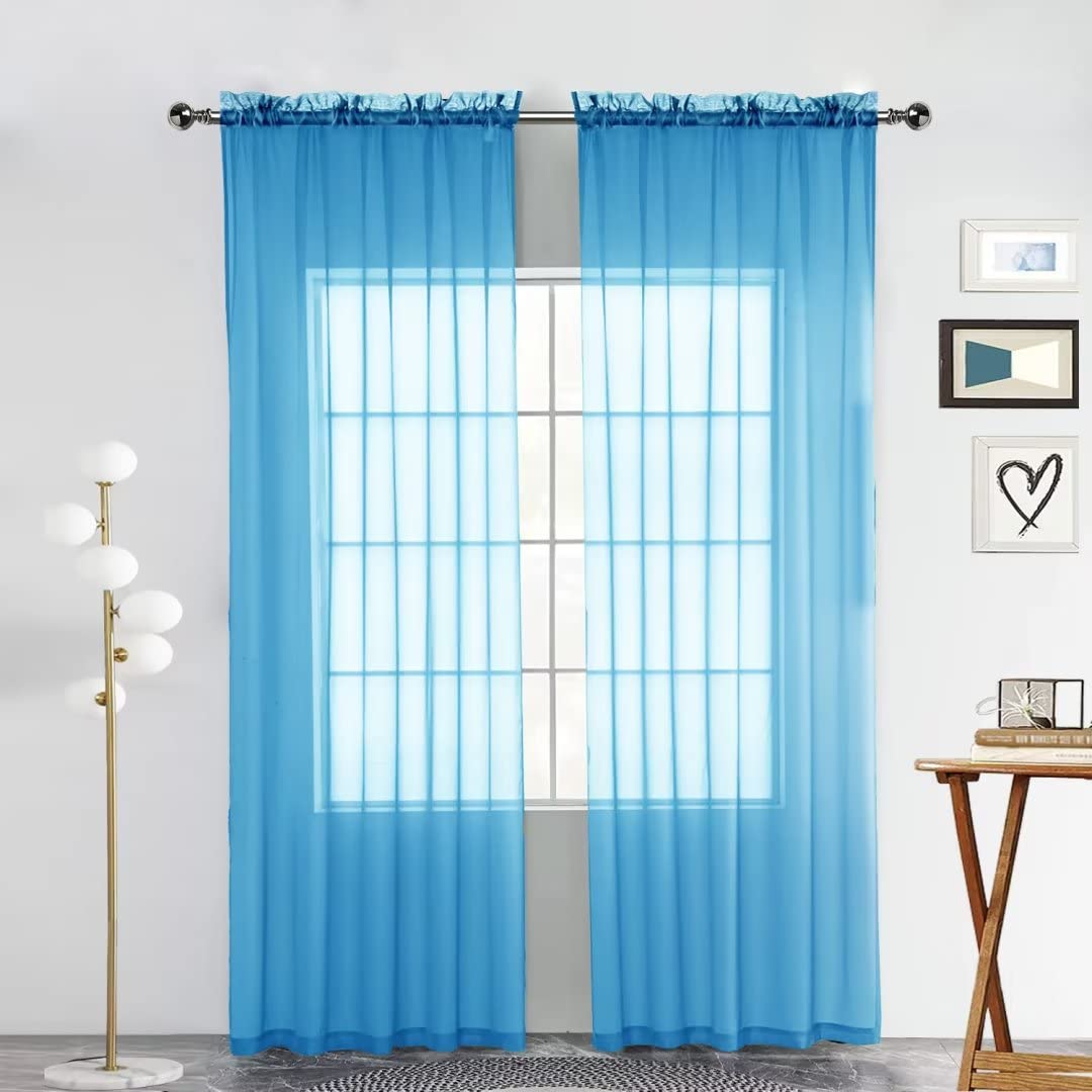 SpaceDresser Sheer Voile Window Treatment Rod Pocket Curtain Panels for Kitchen Bedroom Living Room Drapes Sunlight Filtering Privacy Semi Home Decor Assorted Colors Sizes (Cyan Blue, 52 W x 54 L)