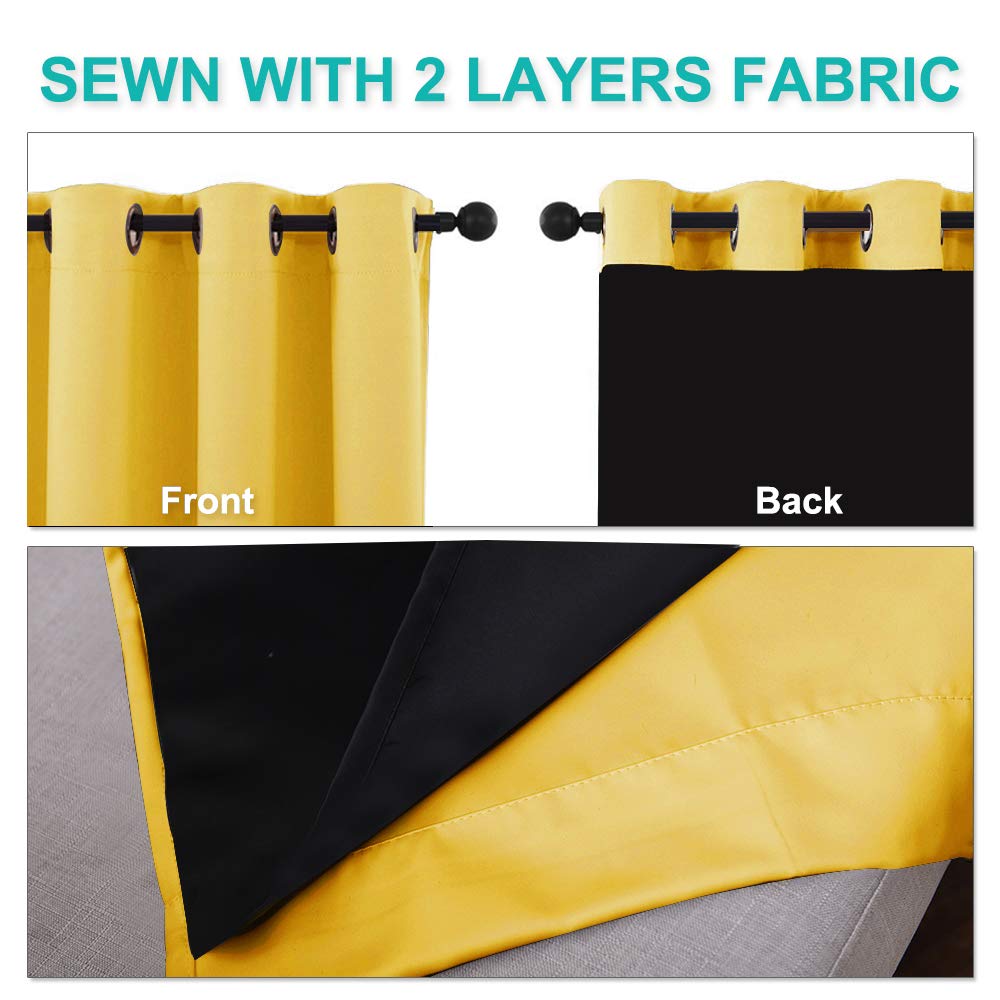 NICETOWN Blackout Lined Curtains for Kitchen Window, Totally Darkness Drapes with Silver Grommet, Thermal Insulated Drapes for Master Bedroom (Bright Yellow, 1 Pair, 52 Width x 63 Length Each Panel)