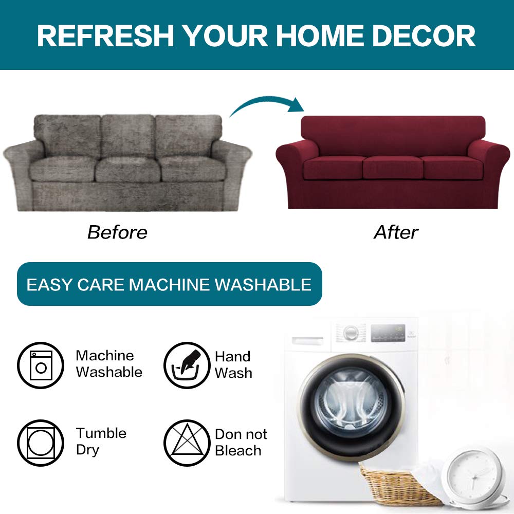 Turquoize 4 Piece Sofa Covers for 3 Cushion Couch Sofa Slipcover Soft Couch Cover for Dogs-Washable Sofa Furniture Covers with 3 Individual Cushion Covers,Jacquard Fabric(3 Cushion Sofa, Burgundy)