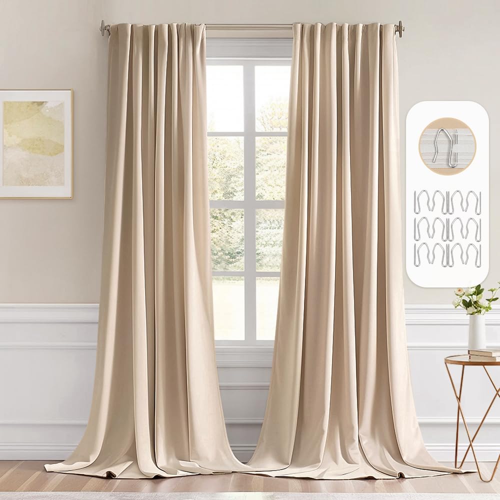 MIULEE Beige Back Tab Blackout Curtains 52x102 Inch Long 2 Panels Set